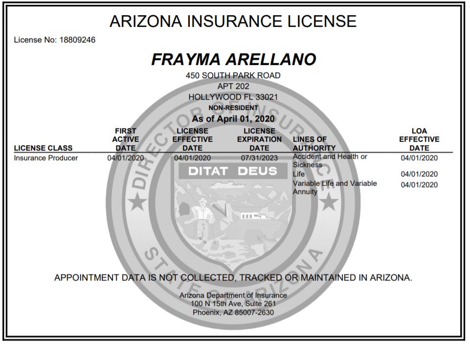 arizona department of insurance license